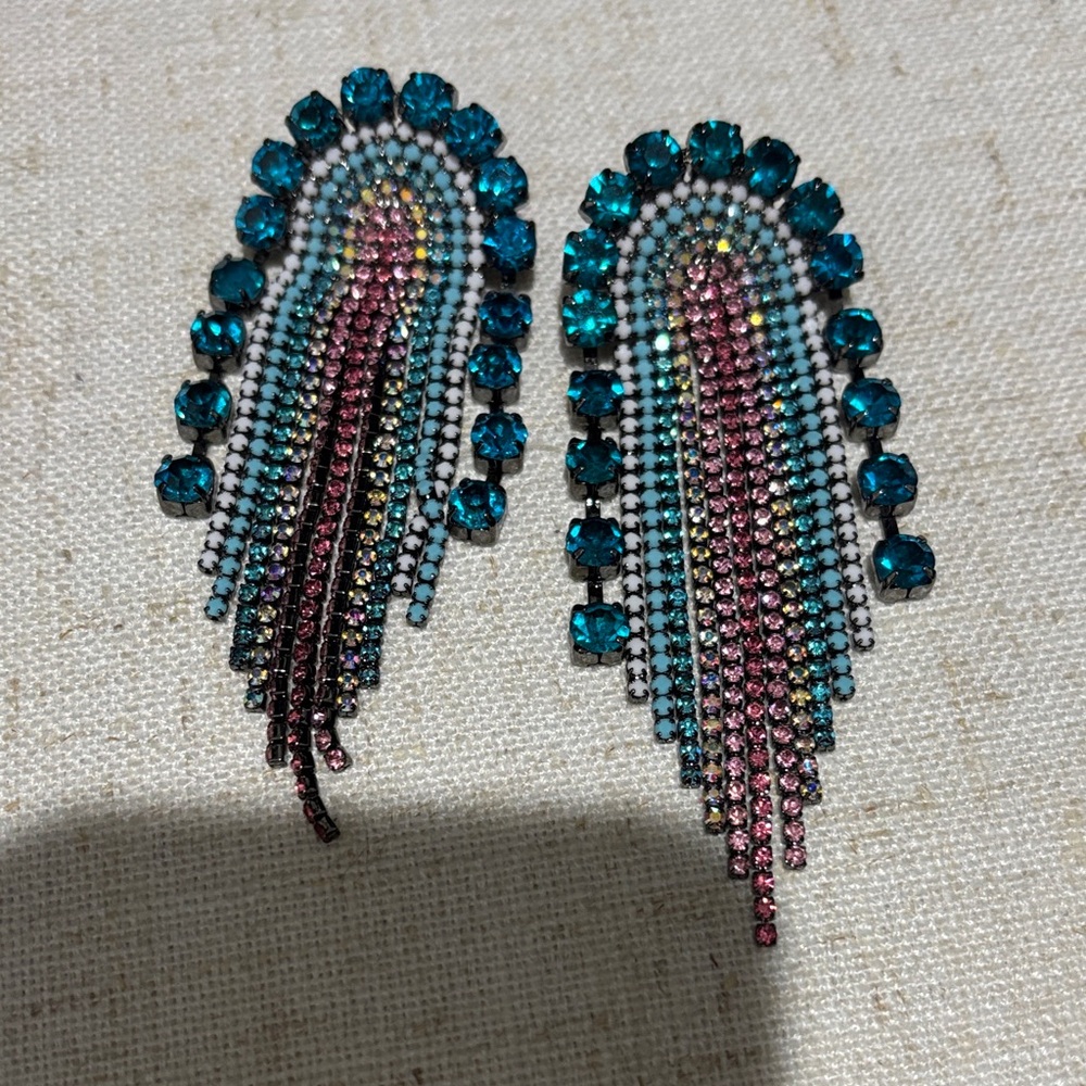Multicolor Crystal Fringe Drop Earrings - Turquoise & Pink
